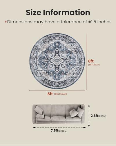 AMADA HOMEFURNISHING Round 8ft Area Rugs, Low-Profile Washable Rug with Non-Slip Backing & Durable Edge Binding, Vintage Rugs for Living Room, Bedroom, Dinning Room - color: Blue, size: 8' (Round)