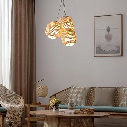 FOS - Modern Bohemian 3-Light Cluster Pendant in Brushed Brass with Woven Bamboo Spherical Shades, 78 in. Cord for Dining Table, Kitchen, Coffee Table, Nursery, Bedroom, Living Room - color: Fos - 3 Light