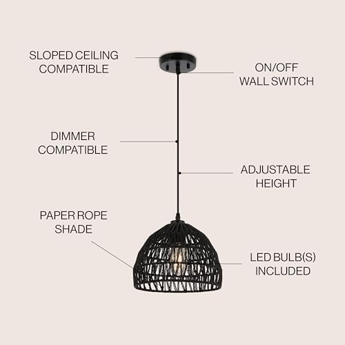 JONATHAN Y 10.25" Black Modern Bohemian Woven Rope LED Pendant Light Fixture, Adjustable Dome Ceiling Lamp for Kitchen Island, Rope Shade, Coastal Farmhouse Decor (JYL6513B) - color: Black, size: 10.25"