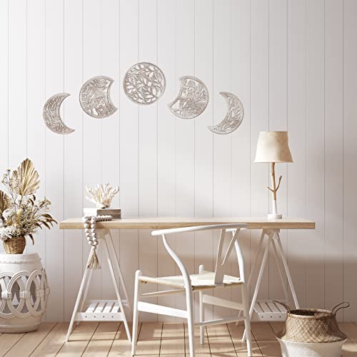 Jetec 5 Pcs Moon Phase Wall Art Decor Wall Pediments Hanging Wooden Phase Spiritual Bedroom Nordic Boho Lunar Aesthetic Art for Living Room Dorm Apartment Ornament(Vintage Color,10.6 Inch,Botanical) - color: Vintage Color, size: 10.6 Inch