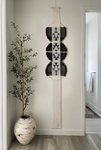 Flber Macrame Wall Hanging black and white Boho Wall Decor Art Living room wall art Round Handmade Geometric Lines Home Décor 11.8W x 65L - color: Black1