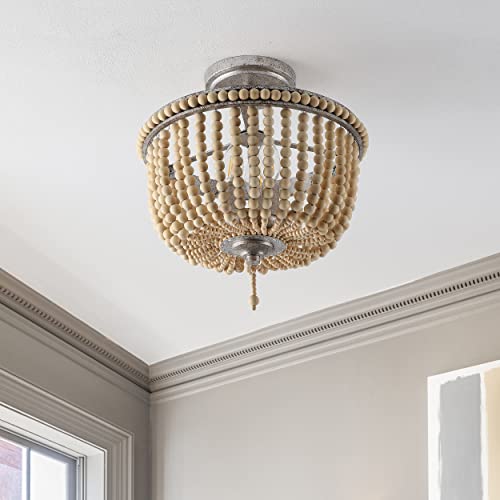 JONATHAN Y 14" Antique Silver/Light Taupe Wood Beaded LED Semi Flush Mount Light, Boho Farmhouse 3-Light Ceiling Chandelier with Cream Wood Bead Shade for Nursery, Bedroom (JYL9020B) - color: Antique Silver/Light Taupe