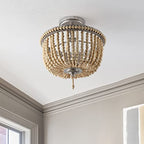 JONATHAN Y 14" Antique Silver/Light Taupe Wood Beaded LED Semi Flush Mount Light, Boho Farmhouse 3-Light Ceiling Chandelier with Cream Wood Bead Shade for Nursery, Bedroom (JYL9020B) - color: Antique Silver/Light Taupe