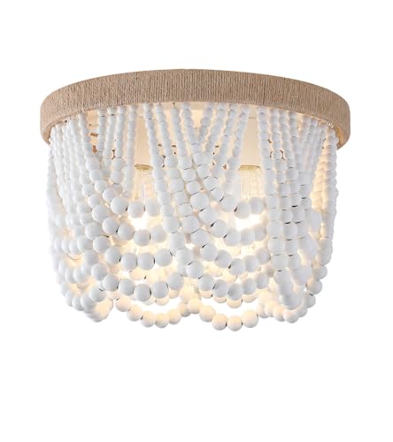 AMZASA White Boho Wood Beaded with Hemp Rope Flush Mount Ceiling Light Farmhouse Small Chandelier Light Fixture for Bedroom Hallway Entryway Closet Kitchen Dining Room Living Room Nursery - color: White