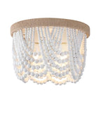 AMZASA White Boho Wood Beaded with Hemp Rope Flush Mount Ceiling Light Farmhouse Small Chandelier Light Fixture for Bedroom Hallway Entryway Closet Kitchen Dining Room Living Room Nursery - color: White