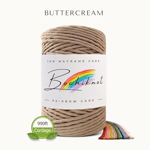 BOCHIKNOT Single Strand Macrame Cord 3mm x 330yds (300m) – Soft Cotton Macrame Rope for Beginners, Easy to Knot for Wall Hangings, Plant Hangers, Fringe and DIY Crafts (Buttercream) - color: Buttercream, size: (3mm x 302m) - Single Strand Twist