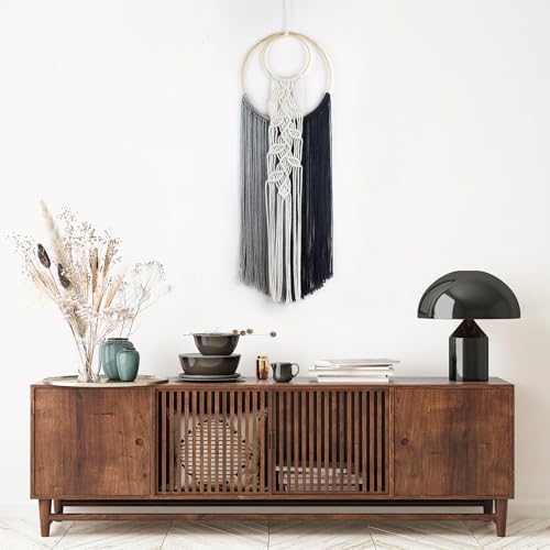 LB Black Macrame Wall Hanging, Handmade Woven Tapestry- Boho Dream Catchers Grey and Black Hanging Macrame Wall Art for Living Room Apartment Office Backdrop,10X30 Inch - color: Grey