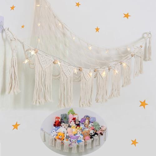 Large Stuffed Animal Hammock or Net, Macrame Boho Toy Hammock with LED Light, Decorate Net for Stuffed Animals Corner, Space Saving Hanging Stuff Animal Organizer Holder for Kids Bedroom Playroom - style: B