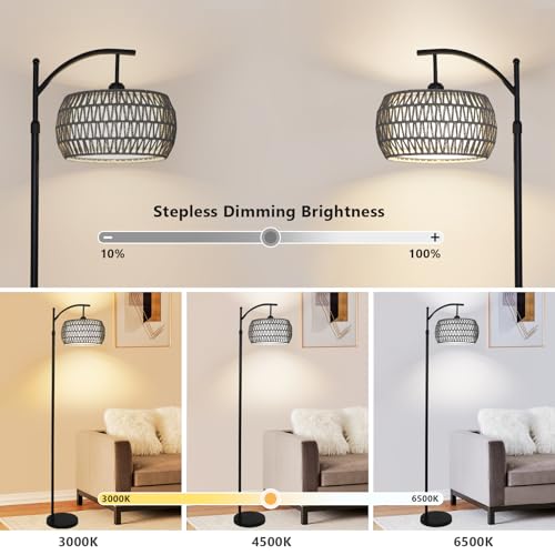 Arc Floor Lamp for Bedroom, Boho Standing Lamp with Remote & LED Smart Bulb, Rattan Floor Lamps for Living Room with 3 Color Temperatures, Height Adjustable Corner Tall Lamp, Stand up Light for Office - style: Bohemian-Grey