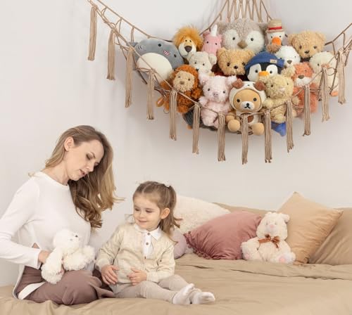 Stuffed Animal Storage Hammock or Net Corner - Large Toy Hammock Net for Stuffed Animals Room Decor - Cute Stuff Animal Organizer Plush Holder - Kids Baby Nursery Essentials Wall Bedroom Home Decor - color: Flaxen, size: XL Large(51L"*51H"*65"W)
