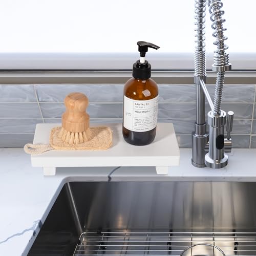 zoocatia Small Wood Tray Pedestal Stand Farmhouse Bathroom Decor Decorative Wooden Riser Kitchen Soap Dish Holder for Vanity, Counter, Sink, 10" x 4.5" - White - color: White, size: 10" x 4.5" x 1.6"