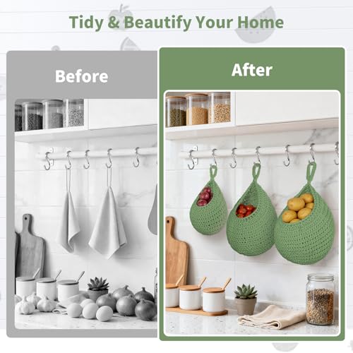 3 Pack Boho Decor Hanging Fruit Baskets with Hooks, Hand-woven Cotton Wall Baskets for Fruit Vegetable Potato Onion Storage 3 Sizes, Hanging Holder Teardrop Produce Basket for Kitchen Organizer, Green - color: Green, size: 3 Pack