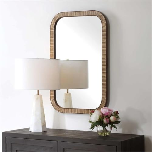 Pemberly Row Farmhouse Accent Wall Mirror, Rectangular Rattan-Style Frame, Dark Brown Finish, Rounded Corners, Durable Construction, Coastal or Farmhouse Decor for Living Room or Bedroom