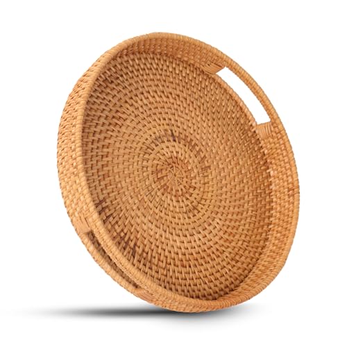 Round Rattan Serving Tray, Natural Wicker Decorative Tray for Serving, Fruit/Bread Serving Basket, Round Woven Tray with Handles.(Large:14inch) - size: 13.8"