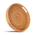 Round Rattan Serving Tray with Handles, Natural Wicker Decorative Tray for Serving, Fruit/Bread Serving Basket, Round Woven Tray，11.8 inch, Gift Idea Choice (11.8") - size: 11.8"