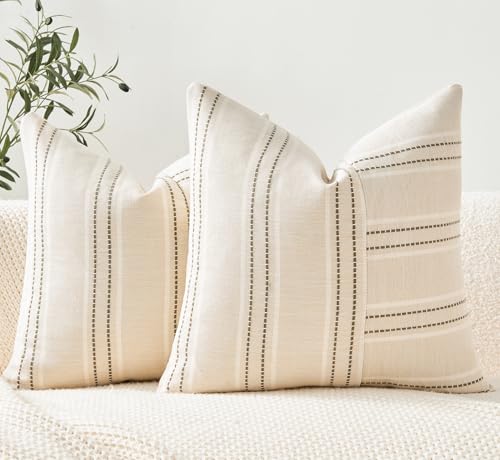 Throw Pillow Covers Set of 2 18x18 Inch Striped Pillow Covers, Soft Decorative Cotton Neutral Green Textured Case for Couch Sofa Bed Living Room, Home Modern Farmhouse Cute Decor - color: Green, size: 18" x 18" (Pack of 2)