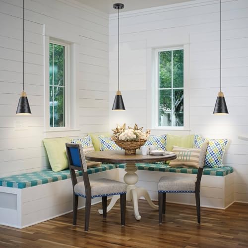 Dijiahua Black Kitchen Pendant Lighting Over Island 3 Pack,Small Modern Farmhouse Chandeliers with Hammered Metal Cone Shade,Mini Industrial Adjustable Cord Hanging Ceiling Lamp Fixtures Over Sink - color: Black and Wood