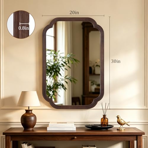 HOMECOOKIN Wood Bathroom Mirror for Wall Decor Arched Rounded Corner Rustic Wood Frame Wall Mirror Home Decorative for Vanity, Living Room, Bedroom, Entryway (20 x 30 inch, Walnut) - color: Walnut, size: 30"L x 20"W