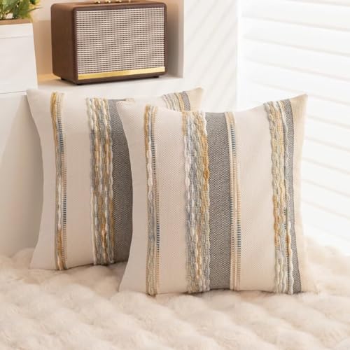 Boho Throw Pillow Covers 18x18 Set of 2 Farmhouse Decorative Cushion Case Striped Square Pillows Cover Chenille Pillow Cases Accent Neutral Pillowcase for Sofa Couch Bed,Orange-Gray - color: Orange-gray Stripe