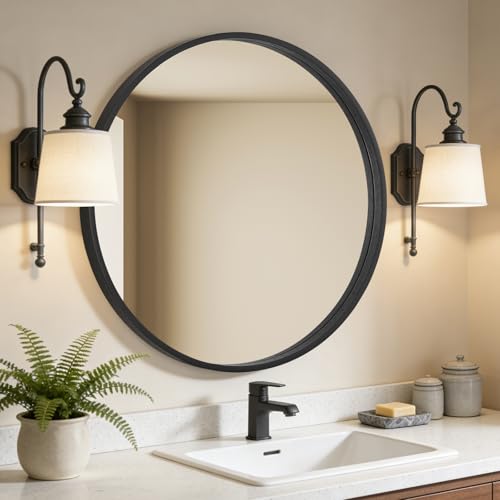 WallBeyond Round Wood Mirror, 32" Round Modern Decoration Large Circle Wall Mirror for Bathroom Living Room Bedroom Entryway, Black - color: Black, size: 32"L x 32"W