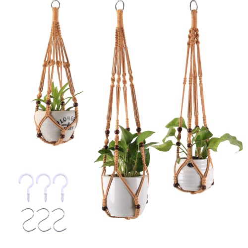 3-Pack Macrame Plant Hanger Indoor - Hanging Planter Basket for Indoor Outdoor - Decorative Boho Plant Holders Set with Beads - Ceiling Flower Pot Holder with 6 Hooks - 35"/30"/24" Brown - color: Brown