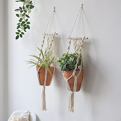 Artilady Boho Macrame Plant Hangers - Handmade Hemp Rope Hanging Baskets for Plants with Ceiling Hooks, Bohemian Home Decor Wall Art (White Wood Hanger-2pcs) - color: White Wood Hanger-2pcs