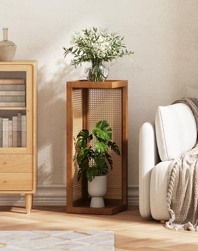 Plant Stand Indoor, 2-Tier Rattan Boho Flower Stands for Home, 26 Inch Tall Natural Wood Corner Plant Shelf, Mid Century Decorative Display Shelves for Living Room,Bedroom,Office,Walnut