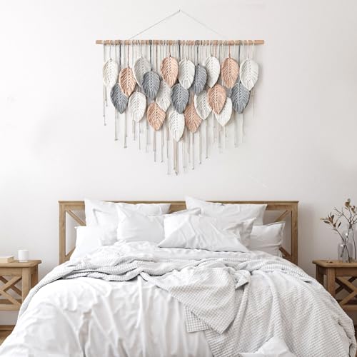 Alynsehom Large Macrame Wall Hanging, Boho Woven Tapestry, Chic Modern Bohemian Handmade Leaf Feather Wall Art Home Decor for Apartment Dorm Living Room Bedroom Nursery Backdrop (39" W X 29.5" L) - color: Pink Beige-39"W x 29.5"L