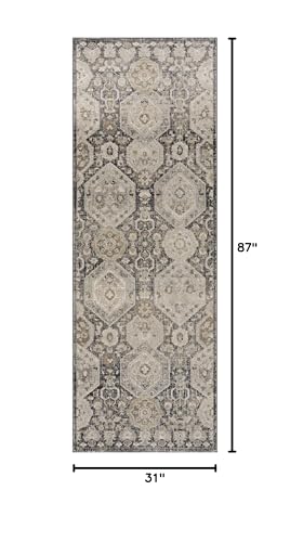 Hauteloom Kismet Boho Vintage Traditional Damask Runner Rug - Farmhouse Traditional Floral Medallion Carpet for Hallway, Kitchen - Black, Tan, Gray, Brown, Beige - 2'7" x 7'3" - color: Beige, Black, Charcoal / Minoa, size: 2'7" x 7'3" (Runner)