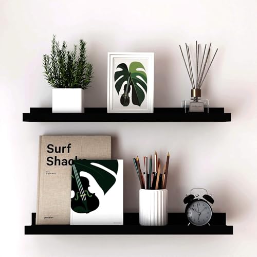 Long Floating Shelves for Wall Decor, Long Wall Mounted Storage Shelf for Bedroom, Living Room, Bathroom, Kitchen, Nursery, Display Picture Ledge Shelf with Lip Set of 2-24 Inches, Black - color: Black, size: 23.6in
