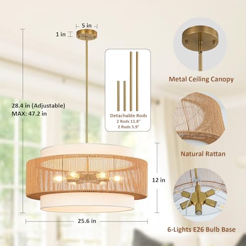 25.6" Rattan Chandelier, 6-Light Large Rattan Pendant Light with Fabric Lampshade, Farmhouse Boho Light Fixture Ceiling Hanging for Dining Room, Living Room, Bedroom, Kitchen Island, Hallway, Foyer - size: 25.6" Straight weaving