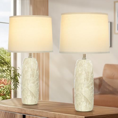 EUO 25” White Lamps Set of 2 for Living Room, Bedroom, Farmhouse Ceramic Table Lamps for Nightstand Set of 2, White Ceramic Lamps with Leaves Design - color: Leaves-WH