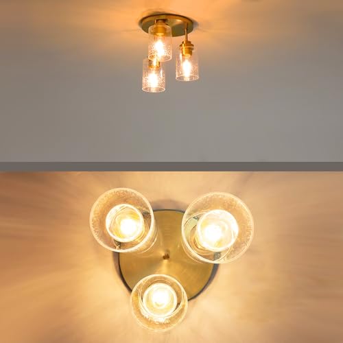 hykolity 3-Light Semi Flush Mount Ceiling Light, 9 Inch Gold Close to Ceiling Light Fixtures with Seeded Glass Shades, Modern Ceiling Lighting for Kitchen, Bedroom, Entryway, Hallway, ETL Listed - color: Gold