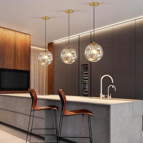 Modern Amber Concave Glass Pendant Light, 3-Pack Kitchen Island Lighting Single Globe Pendant Light Fixtures Century Kitchen Island Pendant Light for Bedroom Dining Room Light (Without Bulbs) - color: Amber-1 Light-3PC