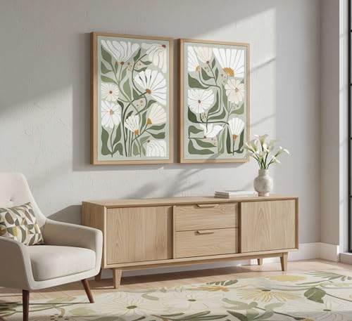 2 Pcs Boho Wildflowers Canvas Wall Art Green Bohemia Abstract Floral Botanical Painting Picture Wall Decor Poster Print Artwork for Living Room Bedroom Bathroom Home Decoration Unframed - color: Poster, size: 16x24in
