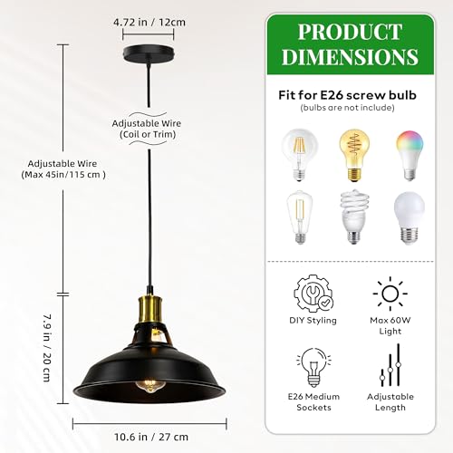 3 Light Pendant Lighting, Farmhouse Hanging Light Fixture for Kitchen Island & Dining Room, Industrial Vintage Ceiling Lamp with E26 Base, Adjustable Height, Black and Gold with Metal Shade - color: Metal Shade 1-Light (Black and Gold) - 3 Pack