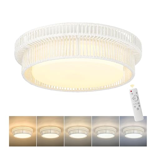 Rattan Light Fixtures Ceiling Mount, HWH 15W LED Flush Mount Ceiling Light 13'' Boho Twine Light Fixtures Coastal Lighting Fixtures, White Finish, 5HYS78F-LED WH - color: White, size: 13 Inch