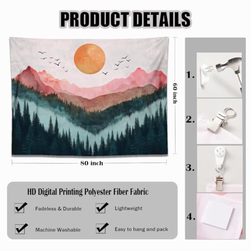keowhsf Sunset Mountain Forest Tapestry - Large Nature Landscape Wall Hanging, Aesthetic Pine Tree Scenery Wall Art for Bedroom & Living Room Decor - color: Sunset1, size: 80"L x 60"W