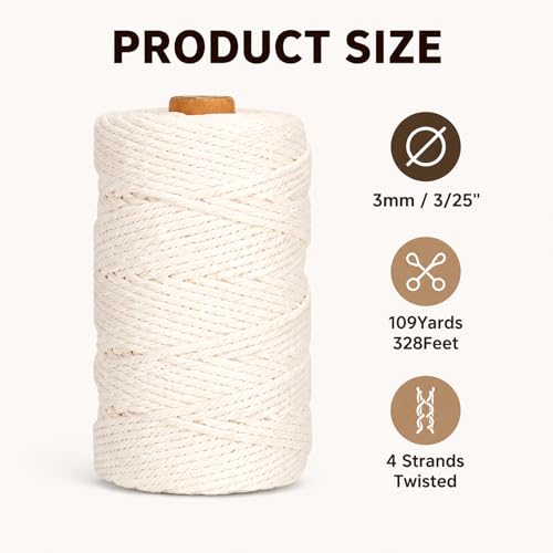 Natural Cotton Macrame Rope - 3mm x 109Yards (328Feet), 4 Strands Twisted Cotton Cord for Wall Hanging, Plant Hangers, Crafts, Gift Wrapping and Wedding Decorations, Beige - color: Beige, size: 0.12 in x 109 yd