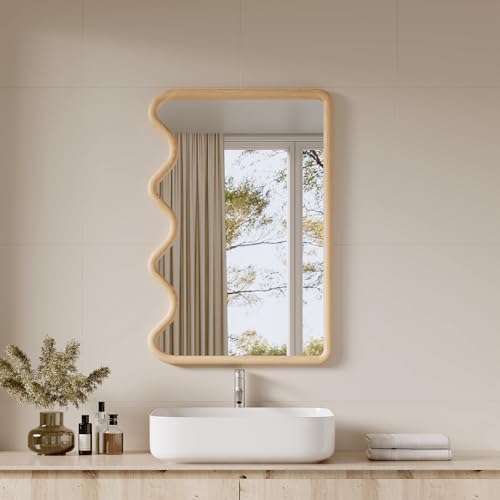 ULIKE Wavy Mirror for Wall, Rustic Wood Mirror for Bathroom Vanity, 24x36 Wooden Wall Mirrors Decorative for Bedroom, Living Room, Entryway, Natural - color: Wavy Wood