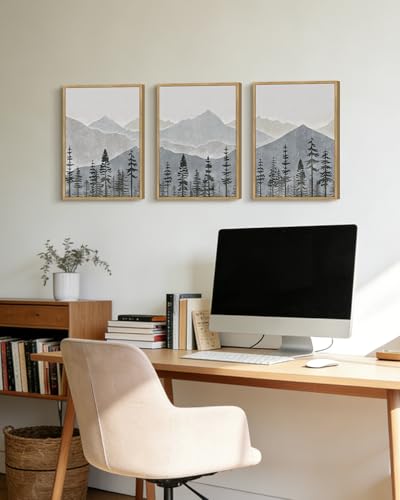 KUVIOKE Mountain Landscape Framed Wall Art Watercolor Nature Forest Painting Boho Farmhouse Rustic Home Decor 11x14in (Natural Framed) - color: Green Mountain, size: 11 x 14in x 3 Panels Natural