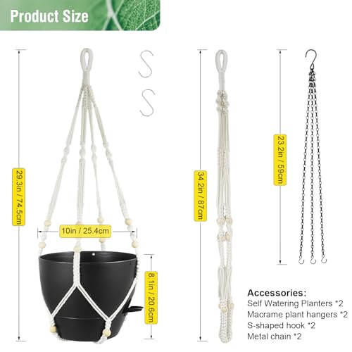 Meowell 10 inch Self Watering Hanging Planters, 2 Pack Hanging Baskets for Indoor Outdoor Plants, Hanging Flower Pots with Drainage Holes & 2 Kinds of Plant Hangers for Garden Home Decor, Black - color: Black