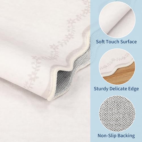 GarveeHome Round Area Rugs 4ft for Kids Room, Solid Beige Scalloped Washable Circle Rug Soft Non Slip Floral Print Floor Mat Carpet Indoor Thin Tent Rug for Bedroom Dining Room Playroom Nursery - color: Beige, size: 4' (Round)