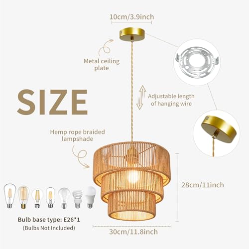 11.8" Gold Rattan Chandelier Boho Woven Pendant Light Fixture Rustic 3-Tier Wicker Hand-Woven Rattan Chandelier for Dining Room Kitchen Island Living Room Bedroom Foyer Entryway - color: 11.8″