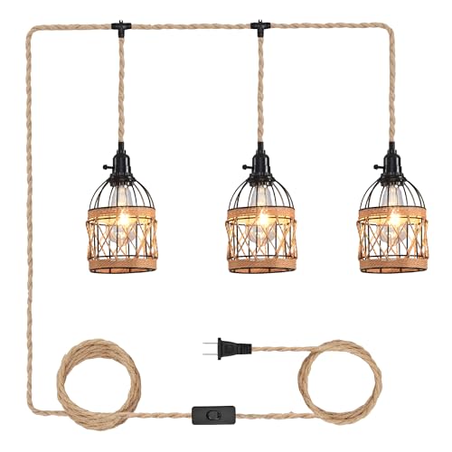 3 Light Hemp Rope Plug in Pendant Light Rattan Hanging Lights with Plug in Cord with Woven Lamp Shade, Plug in Cord Hemp Rope Hanging Lamp - color: 3 Light Rattan Pendant Light
