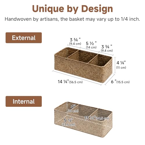 StorageWorks Toilet Paper Baskets for Shelves, 3-Section Wicker Baskets Storage, Back of Toilet Basket for Tank Topper, Counter, Pantry, Living Room Decor, 2 Pack Seagrass Basket - color: Brown（seagrass）, size: 14¼"l x 6"w x 4¼"h