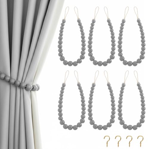 Hion 6 Pcs Boho Curtain Tiebacks,Wood Beads Curtain Holdbacks,Outdoor Farmhouse Tie Backs for Curtains,Curtain Holders for Drapes Home Office Room Decor with Hooks(Grey) - color: Grey, size: 6 Pack