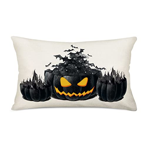 Halloween Pumpkin Pillow Covers Cotton Linen Jack-o-Lantern with Bat Magical Fire Throw Case Decorative Cushion Cover 12''x20'' Black Evil Wicked Waist Pillowcases (E-450) - color: Black Jack-o-lantern