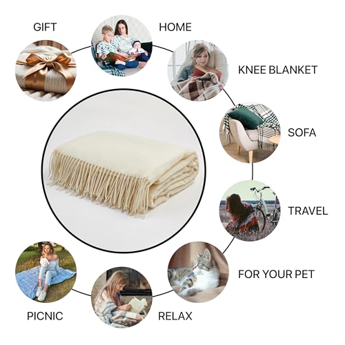 | Wool Blanket/Throw | 100% New Zealand Wool | Perfect for Home and Outdoors | Virgin Wool Throw with Fringes 67"x79" (170 x 200 cm) - color: Creamy White, size: Queen
