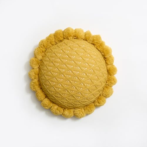 Acrylic Knitted Round Throw Pillow Knitting Bohemian Circular Cushion Pillow with Knit Handmade Pompoms Decorative Ginger Yellow, Diameter 18inches - color: Ginger Yellow